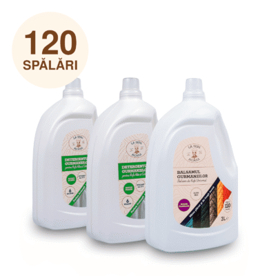 pachetul gurmanzilor 7 cu un doi detergenti rufe 3 L si un balsam rufe 3L