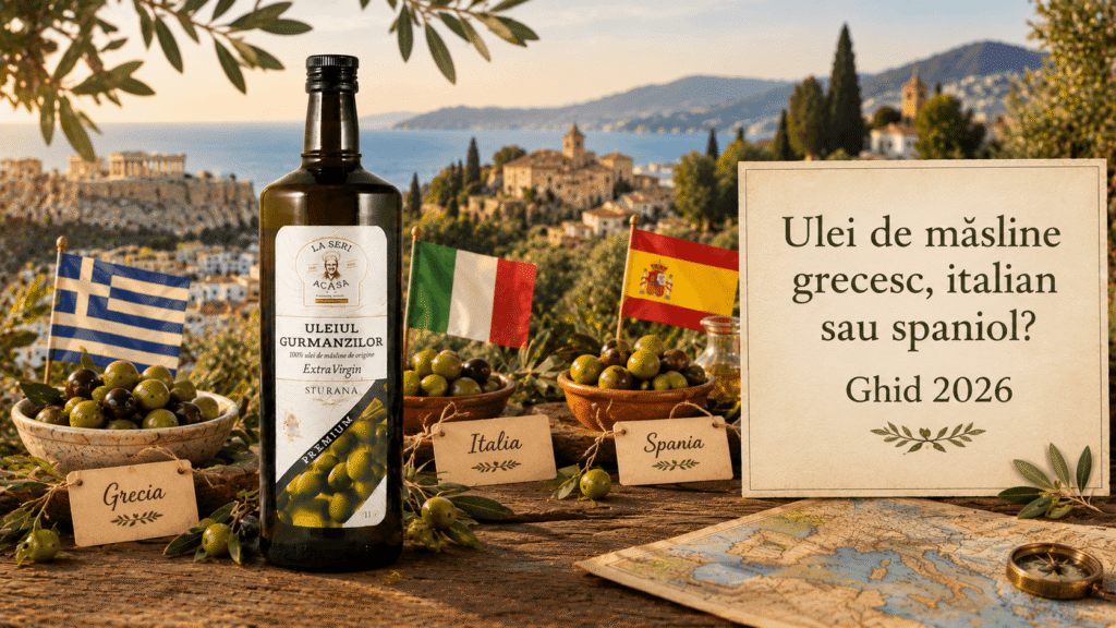 trei sticle de ulei de masline extravirgin din Grecia Italia si Spania pe o masa de lemn